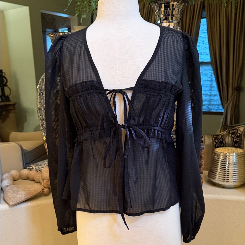 Listicle Black Sheer Double Tie-Front Ruffled Blouse Size M/L